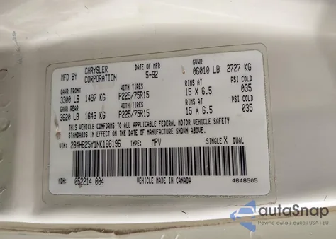 1992 Dodge Ram Wagon B250 z USA, uszkodzony, nr VIN 2B4HB25Y1NK166196